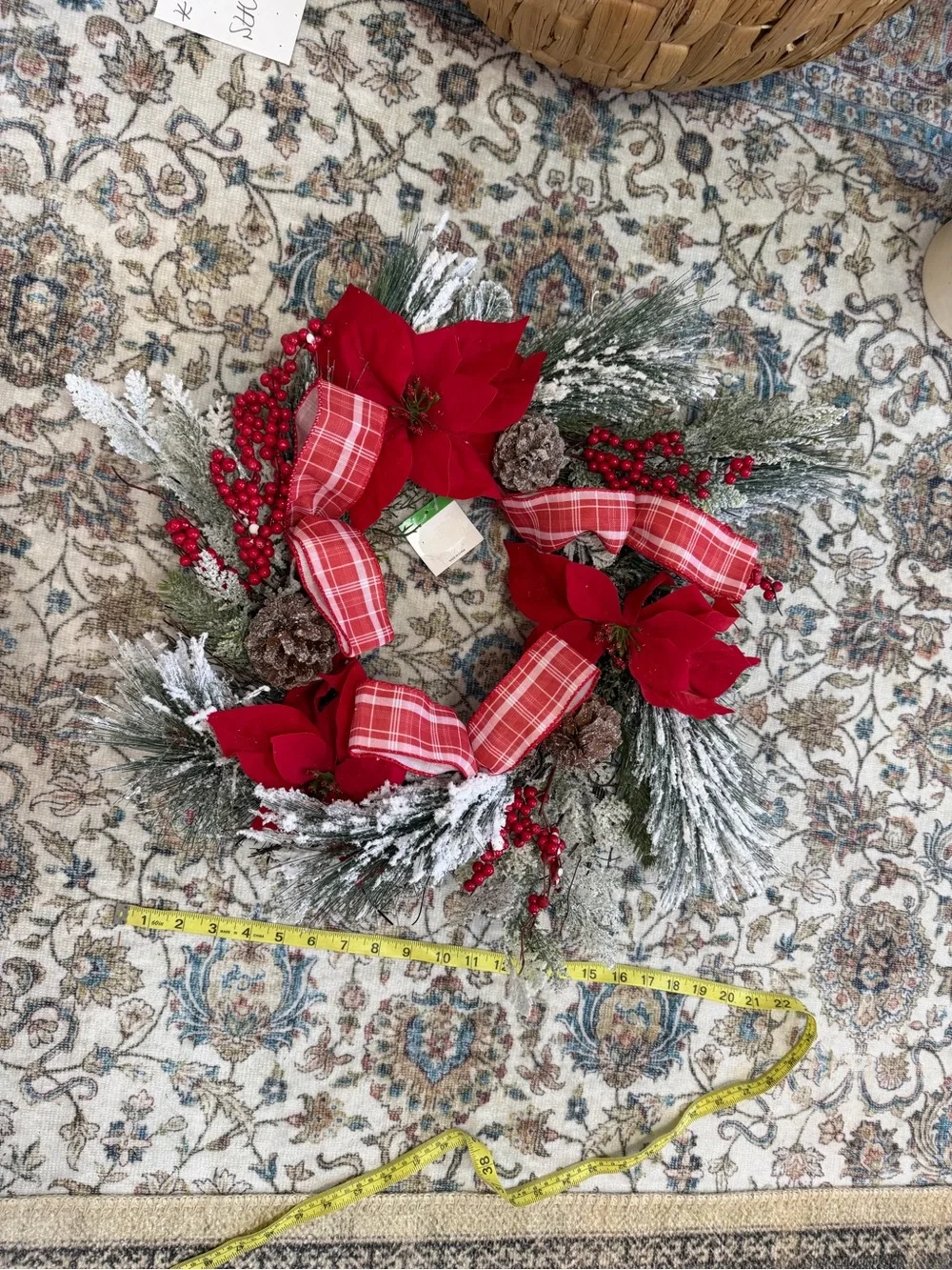 New Large Frosted Poinsettia Christmas Holiday Wreath Red Plaid Ribbon